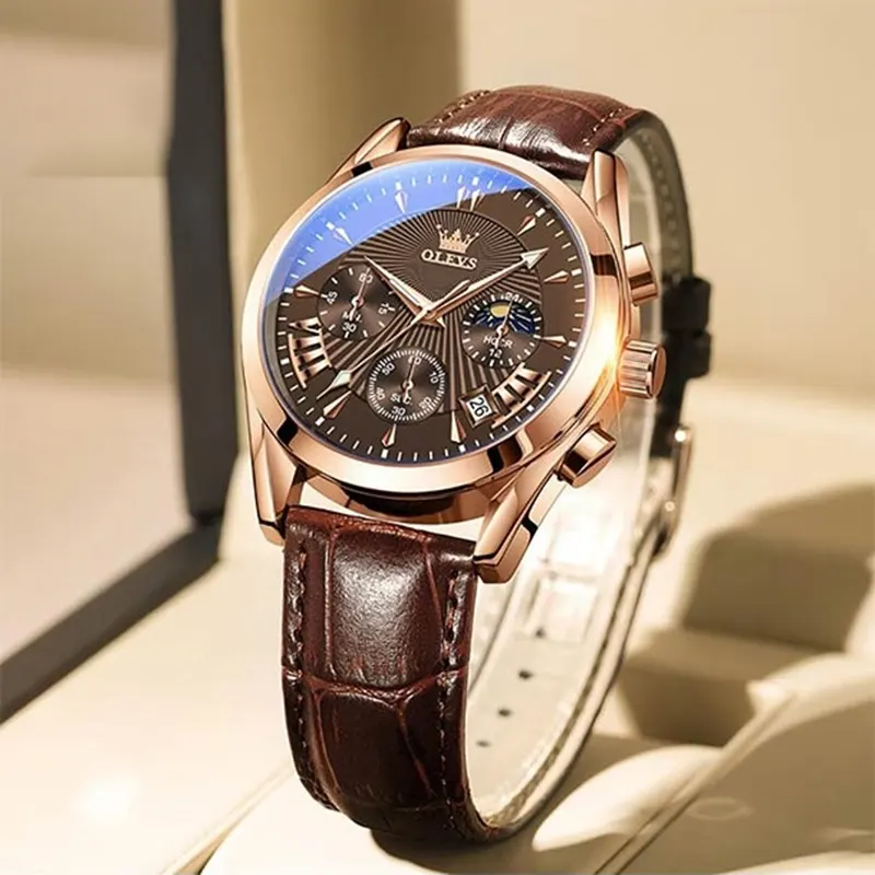 Olevs Chronograph Brown Leather Men's Watch- 2876